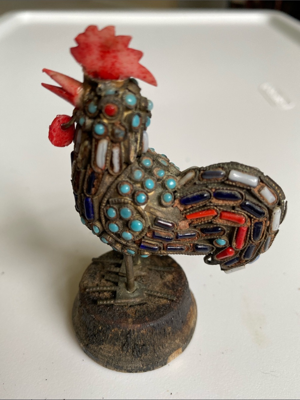 Antique Tibetan Brass Wire Inlay Turquoise Coral Colors Rooster Figure